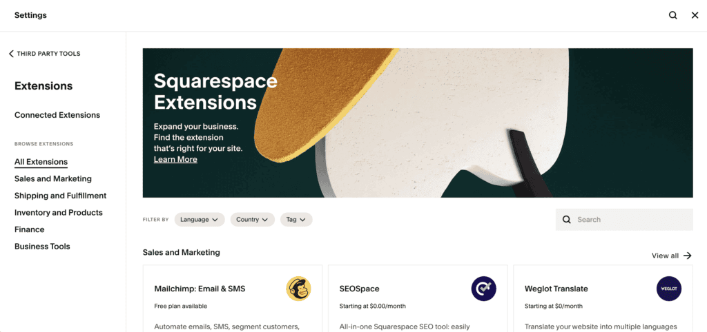 Squarespace extensions section